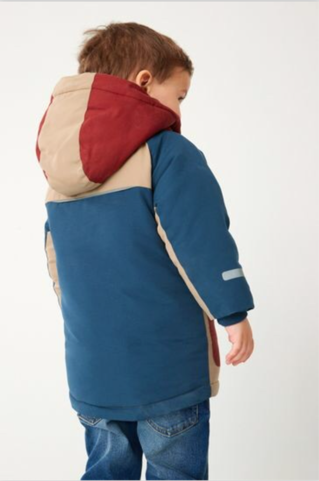 Next Boys Blue Red Beige Colourblock Shower Resistant Padded Parka Coat Age 1.5-2 Years