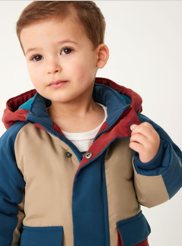 Next Boys Blue Red Beige Colourblock Shower Resistant Padded Parka Coat Age 1.5-2 Years