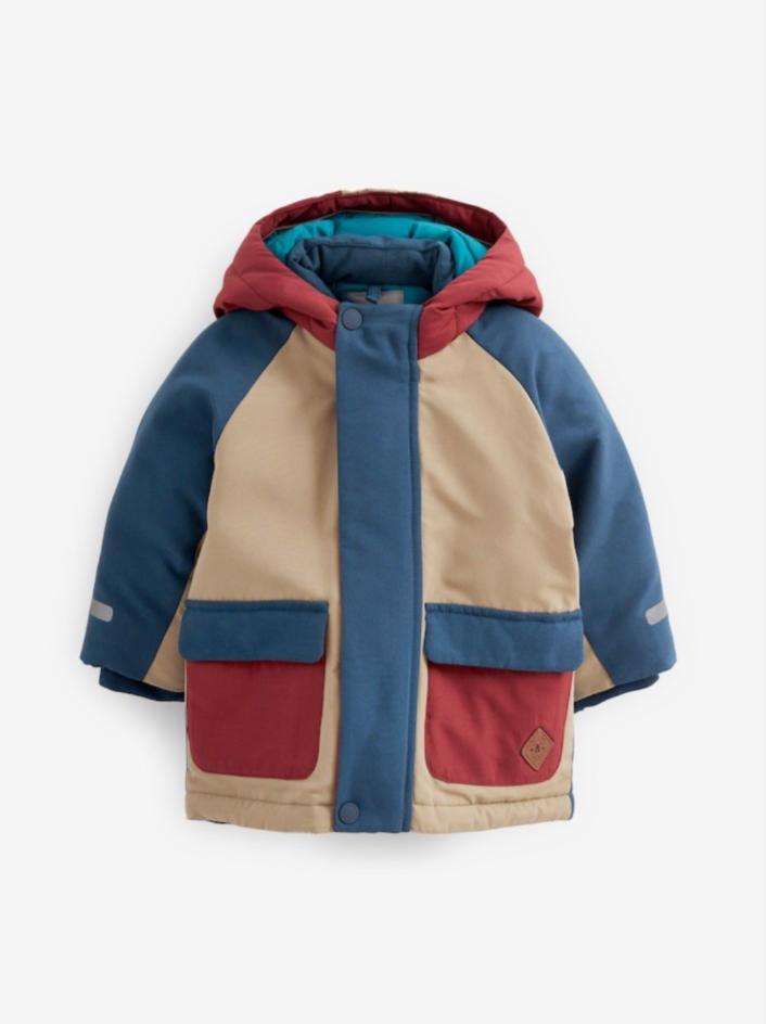Next Boys Blue Red Beige Colourblock Shower Resistant Padded Parka Coat Age 1.5-2 Years