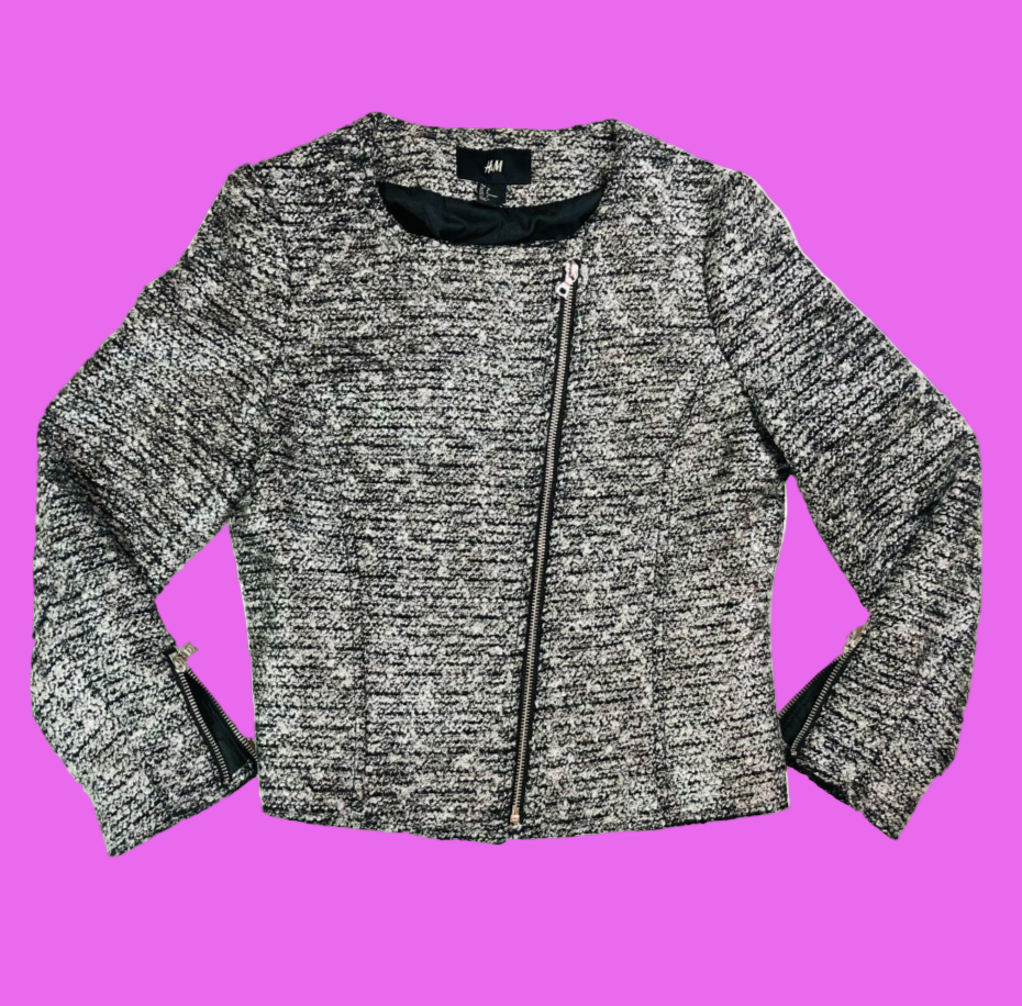 H&M Black White Boucle Knit Lined Offset Full Zip Cuff Zip Jacket Size 38 (UK 10)