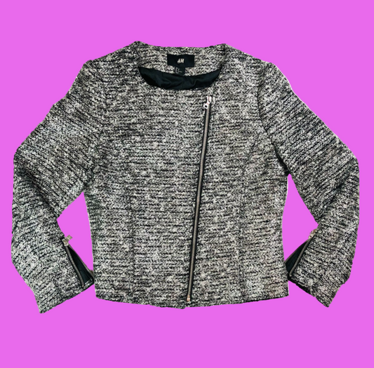 H&M Black White Boucle Knit Lined Offset Full Zip Cuff Zip Jacket Size 38 (UK 10)