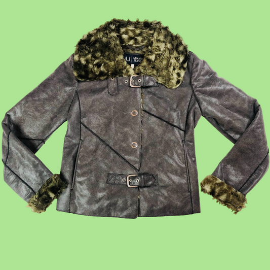 Armani Jeans Faux Fur/Leather Brown/Grey Biker Jacket Sherpa Style USA 8 (UK 12)