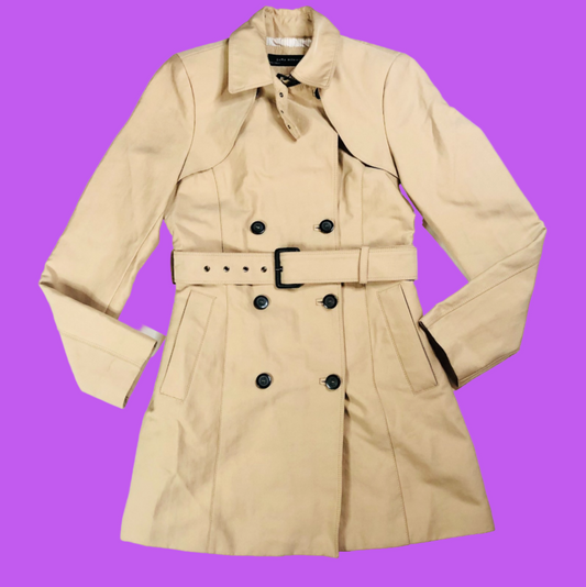Zara Beige Trench Coat Belted Button Up Double Breasted Mid Length Size Small