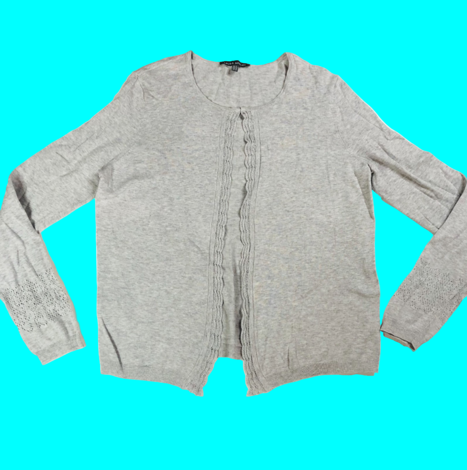 Laura Ashley Light Grey 100% Cotton Lightweight Open Cardigan Lace Trim Size 14