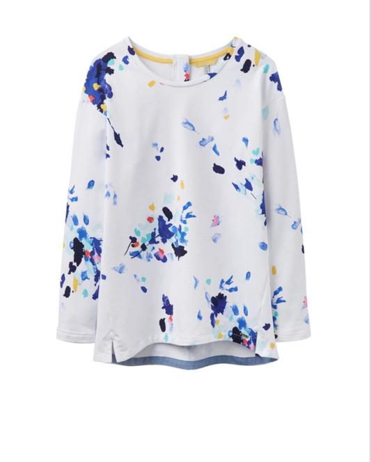 Joules Clemence Cotton White Casual Sweatshirt With Blue Floral Bloom Size 14