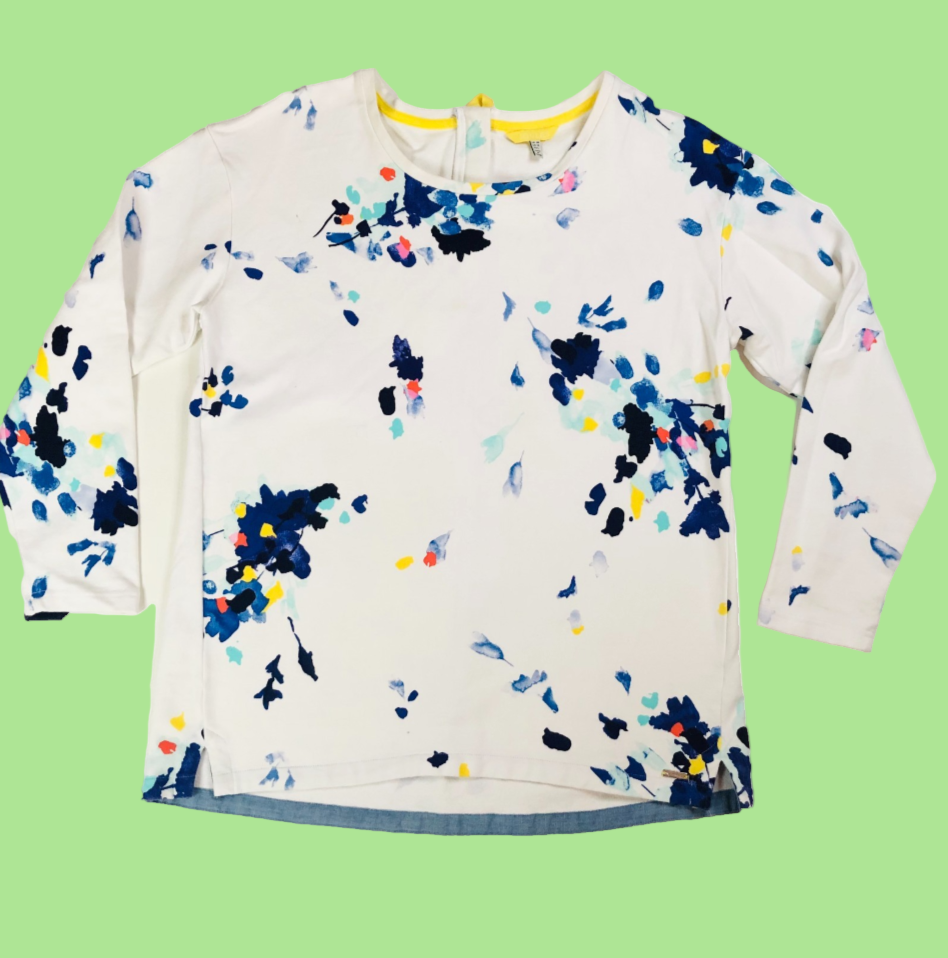 Joules Clemence Cotton White Casual Sweatshirt With Blue Floral Bloom Size 14