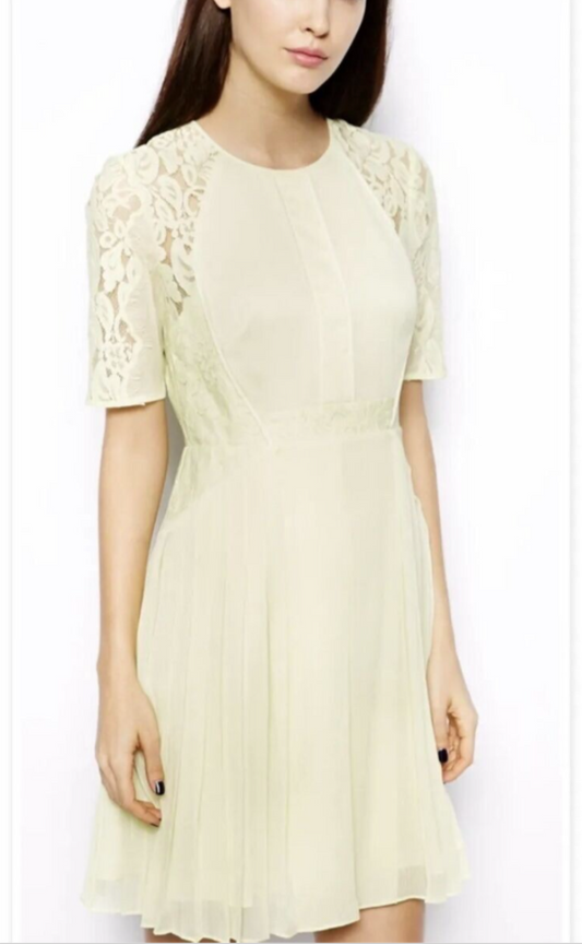 Whistles Iris Light Yellow Lace Pleated Summer Chiffon Midi Tea Dress Size Uk 14