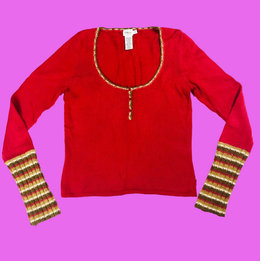 Calvin Klein Jeans Red Knit Y2K Long Striped Sleeve Top Jumper Size Medium (10)