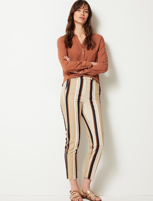Marks and Spencer Mia Slim Beige Striped 7/8th Cropped Trousers Size 16 Short