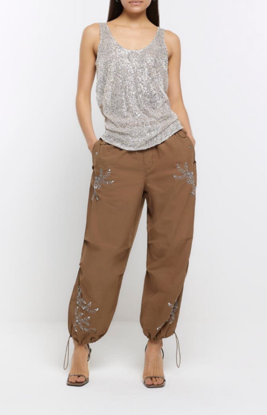 In Other Words (River Island) Pale Orange Floral Beaded Baggy Cargo Utility Parachute Pants Size 10