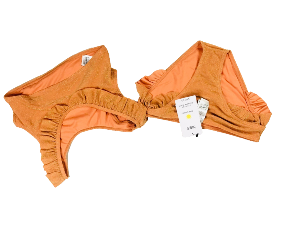 M&S Girls Orange Sparkle Frill Ruffle Bikini Swimwear 2 Piece Age 10-11 Years NEW