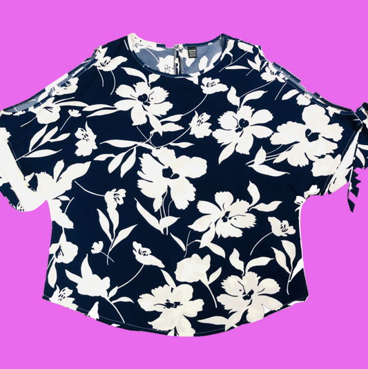 Joress Navy White Floral Cold Shoulder Bow Detail Blouse Top Size XL UK 16