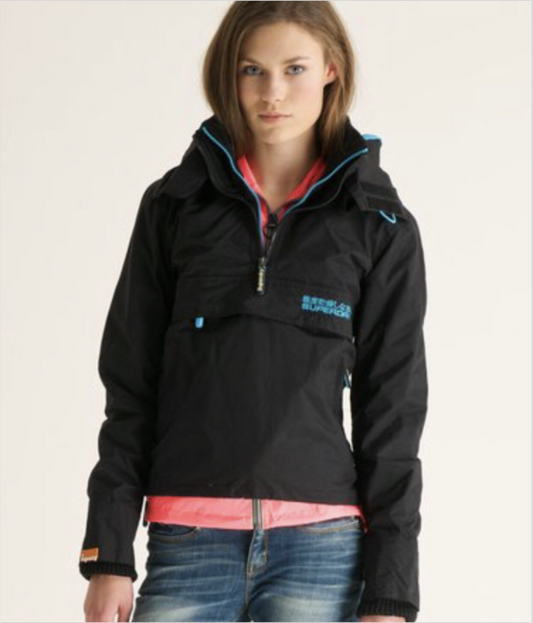 Superdry women's Black Pop Zip Wind Cagoule Jacket Size Small (UK 8)