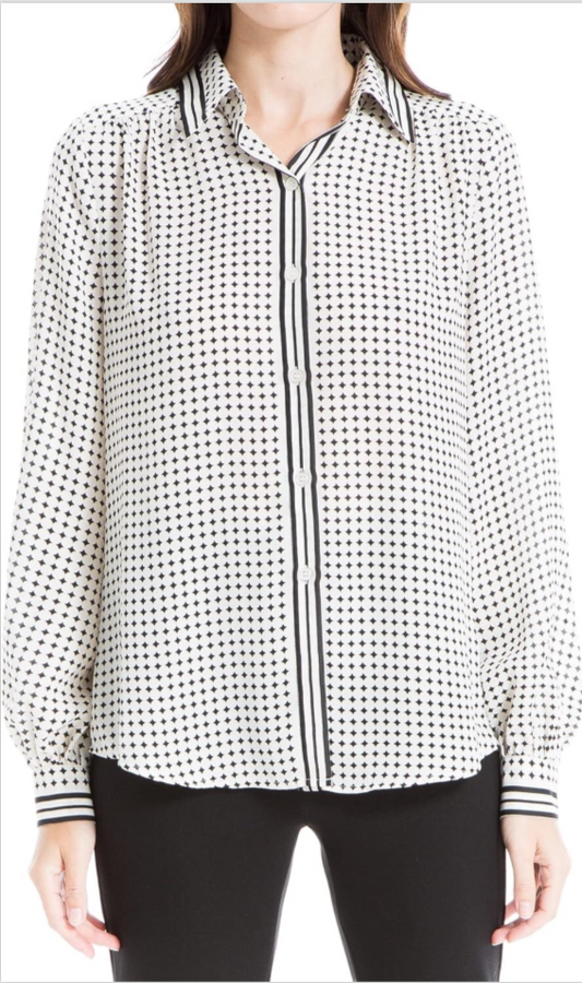 Max Studio Black & Ivory Women’s Button Front Fitted Blouse Size Large (12/14)