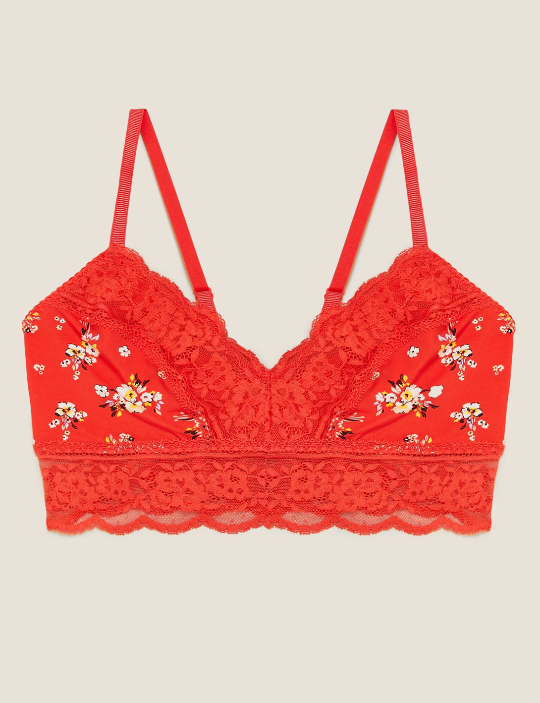M&S Red Floral Lace Trim Non Wired Bralette Bra Size 6 NEW