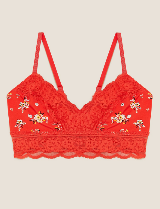 M&S Red Floral Lace Trim Non Wired Bralette Bra Size 6 NEW