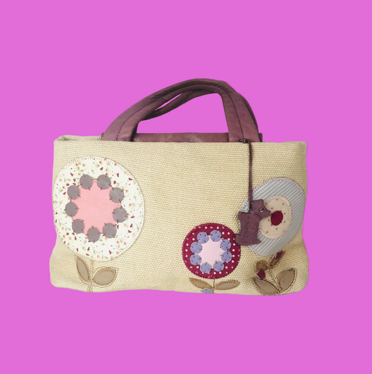 Radley Woven & Leather Beige Lavender Grab Bag Handbag Flower Appliqué Dog Charm