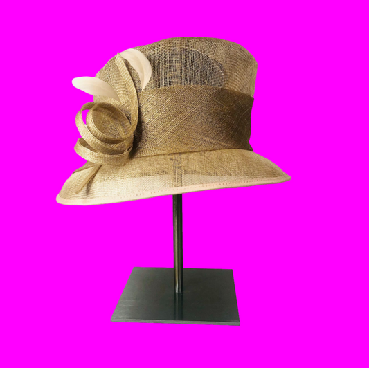 Debut Gold Taupe Short Brim Special Occasion Wedding Ascot Sinamay Mesh Hat