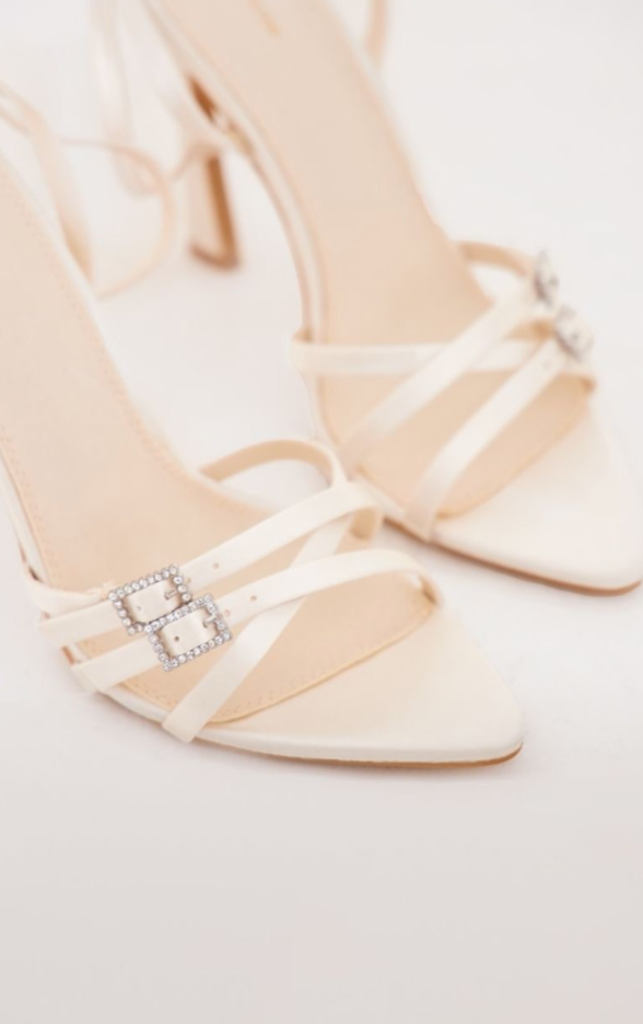 Pretty Little Thing Ivory White Bridal Pointed Strappy Diamanté Buckle Heel Sandals 5 NEW