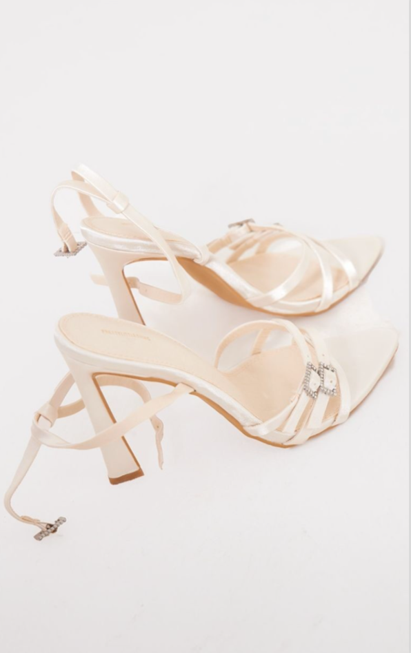 Pretty Little Thing Ivory White Bridal Pointed Strappy Diamanté Buckle Heel Sandals 5 NEW