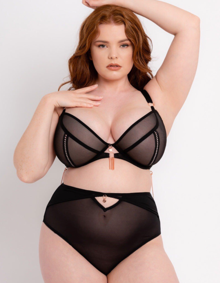Scantilly Curvy Kate Unchained Black Mesh Lingerie Set Bra Highwaisted Brief 32E / Small NEW
