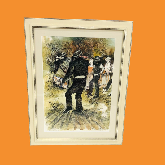 Peter Luther (b.1926) Ink & Watercolour Painting Accordion Player Framed Art