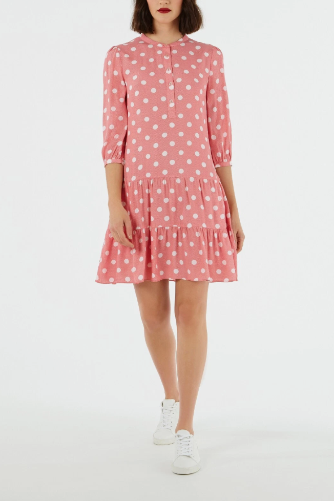Cath Kidston London Red/pink Dropped Hem Button Spot A-Line Dress Size UK 10 NEW
