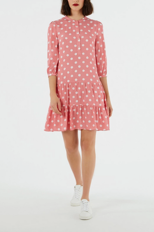 Cath Kidston London Red/pink Dropped Hem Button Spot A-Line Dress Size UK 10 NEW