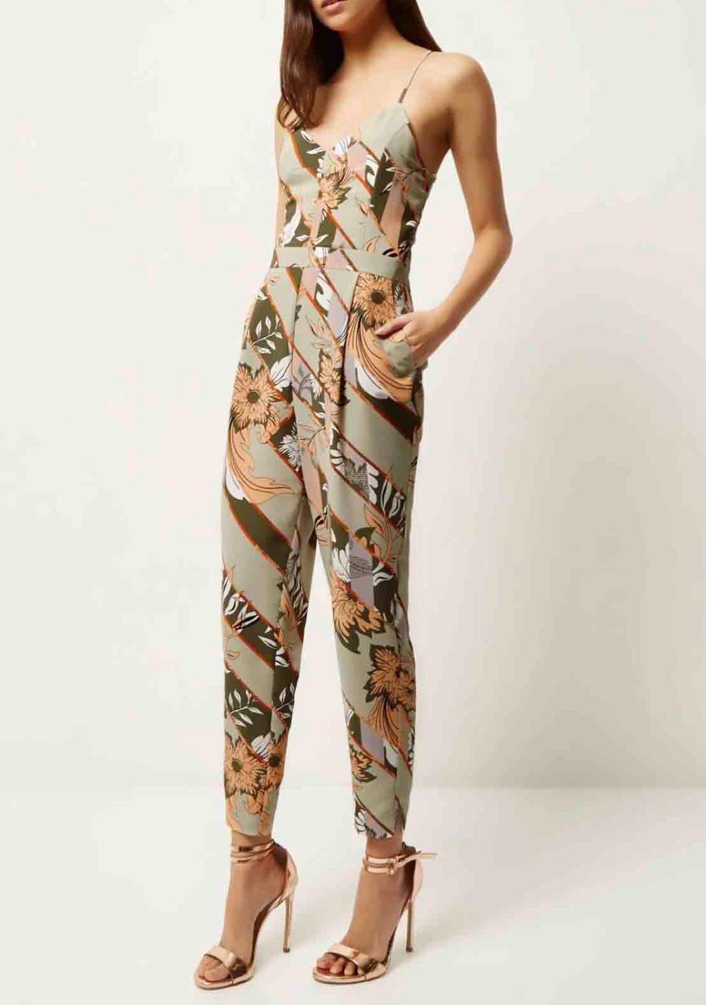 River Island | Sage Green | Floral Skinny Leg Jumpsuit | Size 10 | Boho Chic Festival 70's Revival