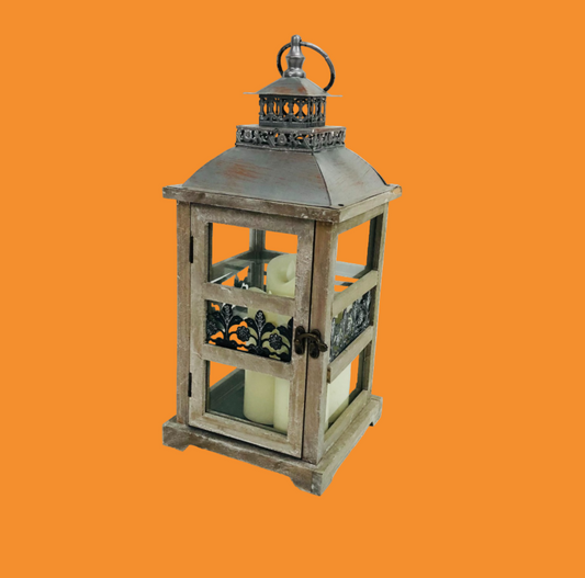 Shabby Chic Rustic 15.5" Wooden & Tin Lantern Flickering w/ 4x LED Candles Home Wedding Decor