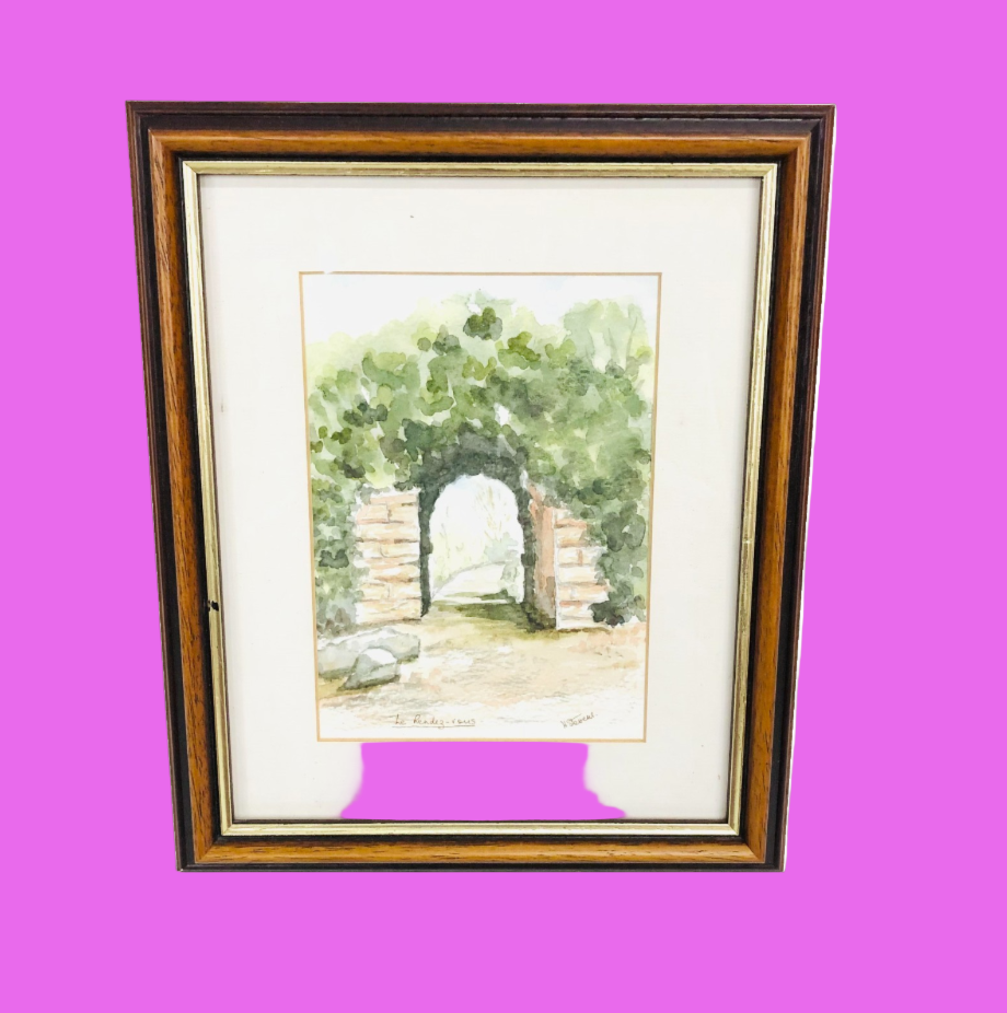 Original Hannah Stevens Watercolor Painting "Le Rendez-vous" Garden Arch Framed Art