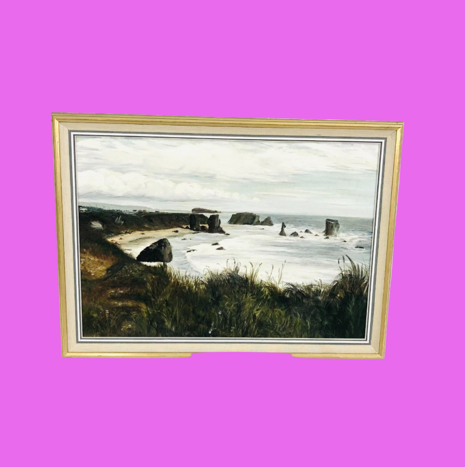 Original M.E Wood (1979?) Seascape Oil Painting Coast Rocks Beach Gold Frame