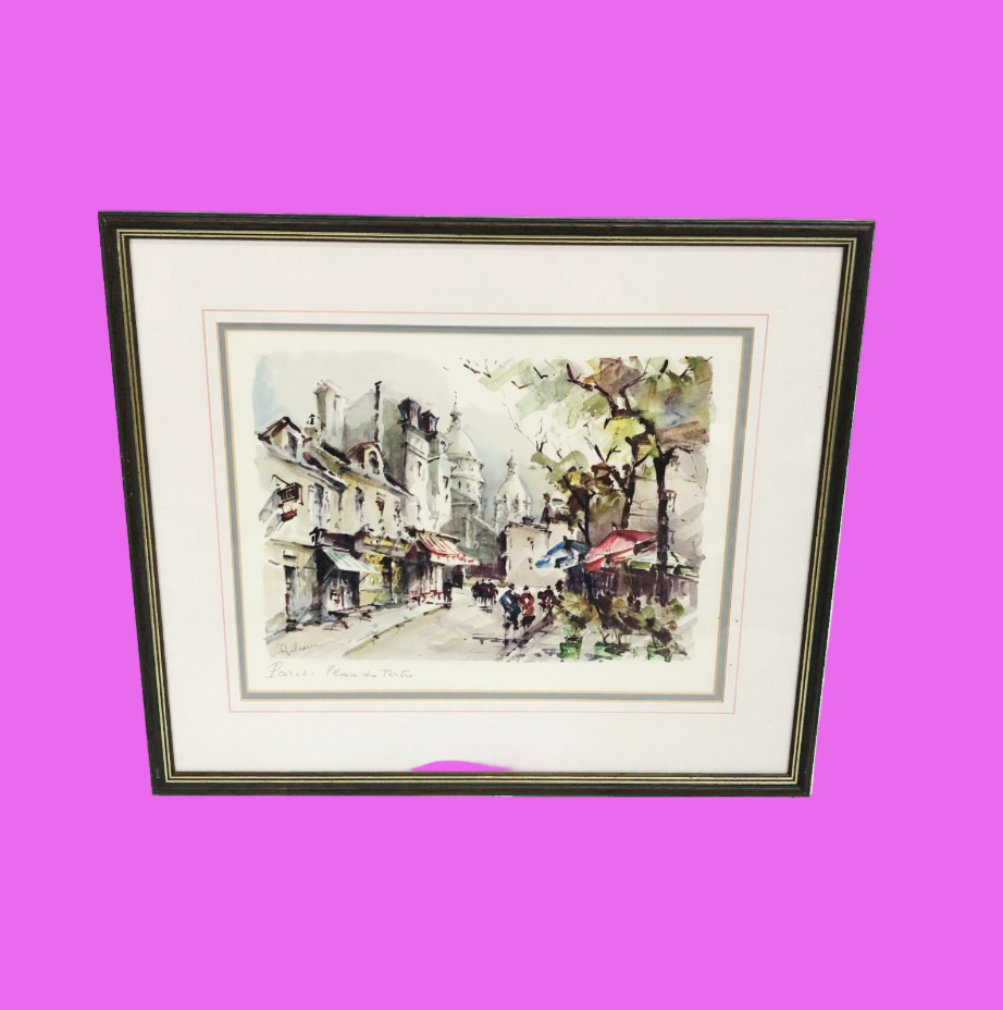 Lucien Delarue "Place du Tertre" Paris Watercolour Framed Print Artwork