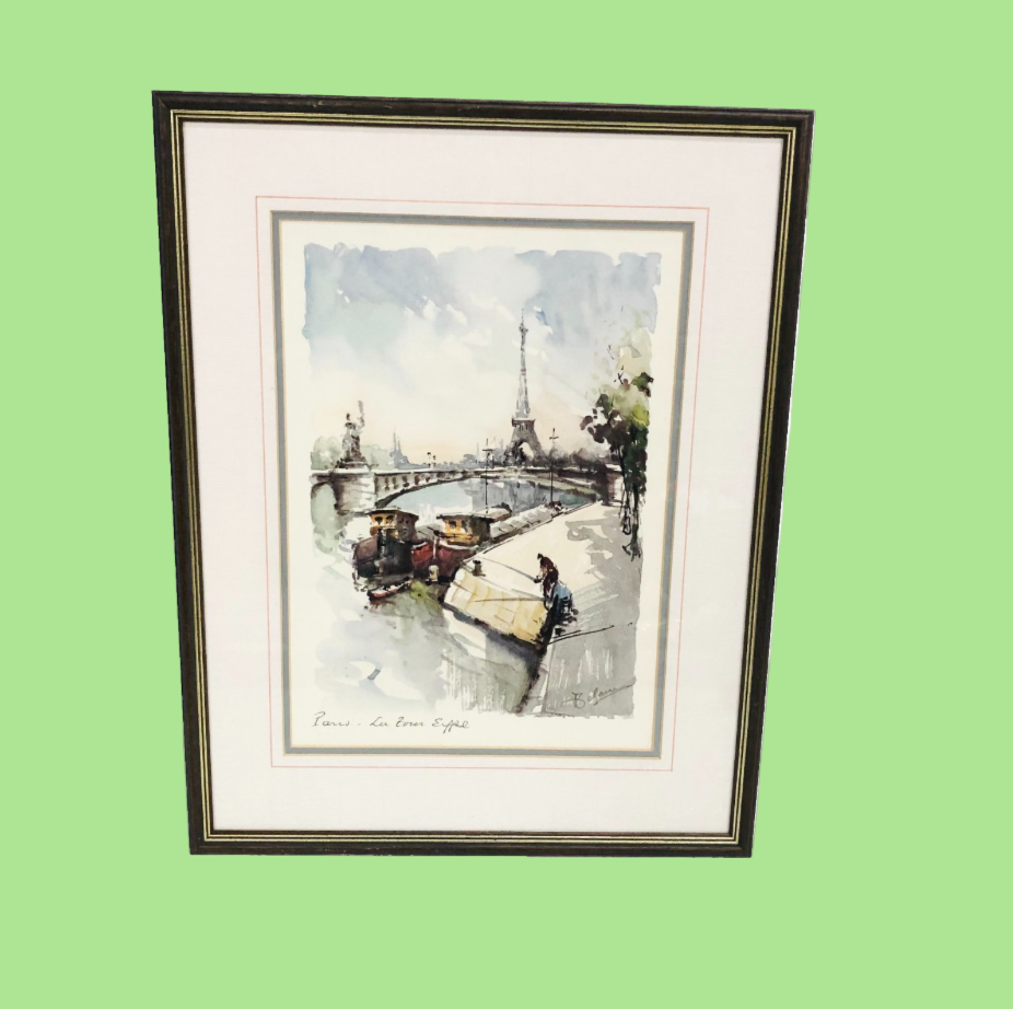 Lucien Delarue "La Tour Eiffel" & Seine River Paris Watercolour Framed Print Artwork