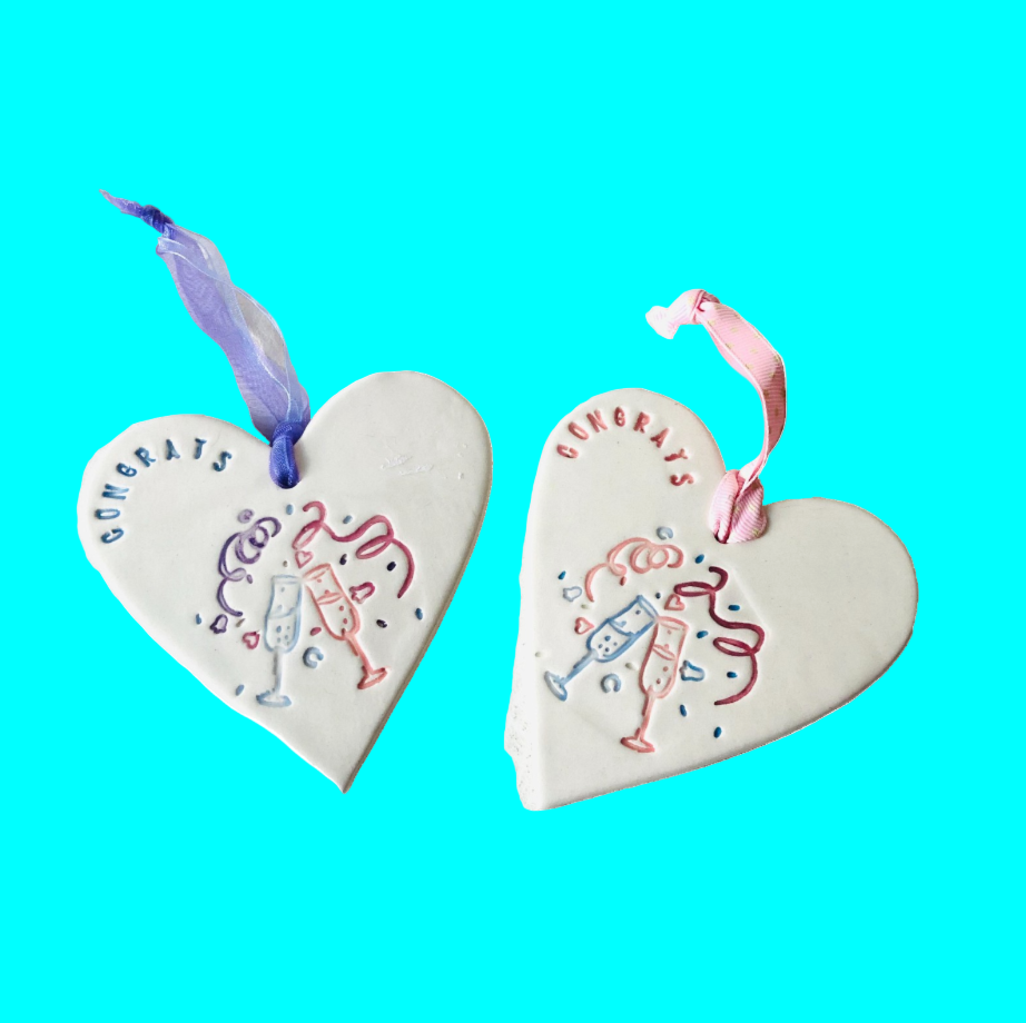 2x Ceramic Porcelain Handmade ‘Congrats’ Celebration Hearts Pink & Purple Gifts