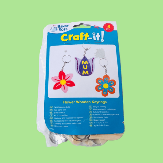 Baker Ross Craft-It! Flower Wooden Keyring 8 Piece DIY Kit NEW