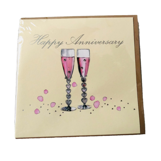 Happy Anniversary Champagne Glass Greeting Card Hand Finished Gem Detail UK Made