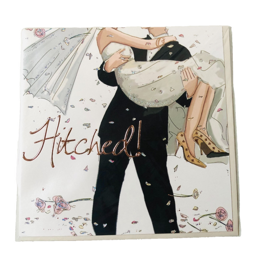 ‘Hitched’ Modern Wedding Greeting Card Hand Finished Gem Detail UK Made