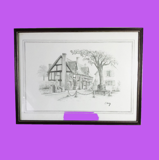 Rural English Pub Illustration Pencil Artwork Print Signed C. Varley Kings Head
