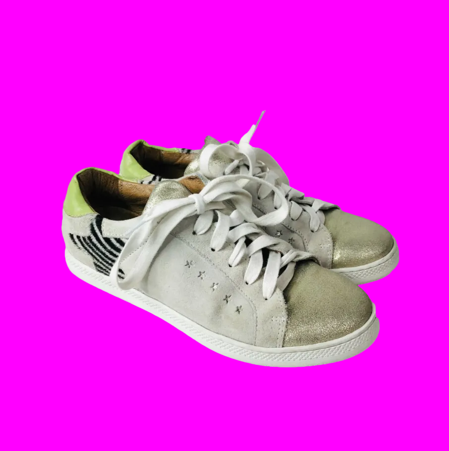 And/Or Elana Leather Suede Beige Pink Green Star Trainers Size 4 (37) RRP £85