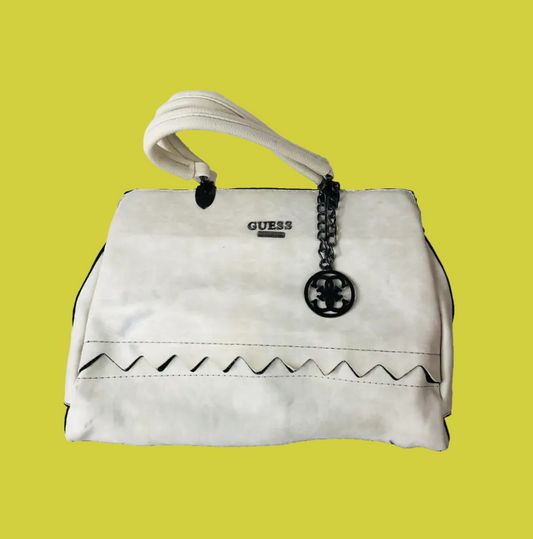 Guess Cream Handbag With Metal Bag Charm Two Handle Tote Bag 31x25cm