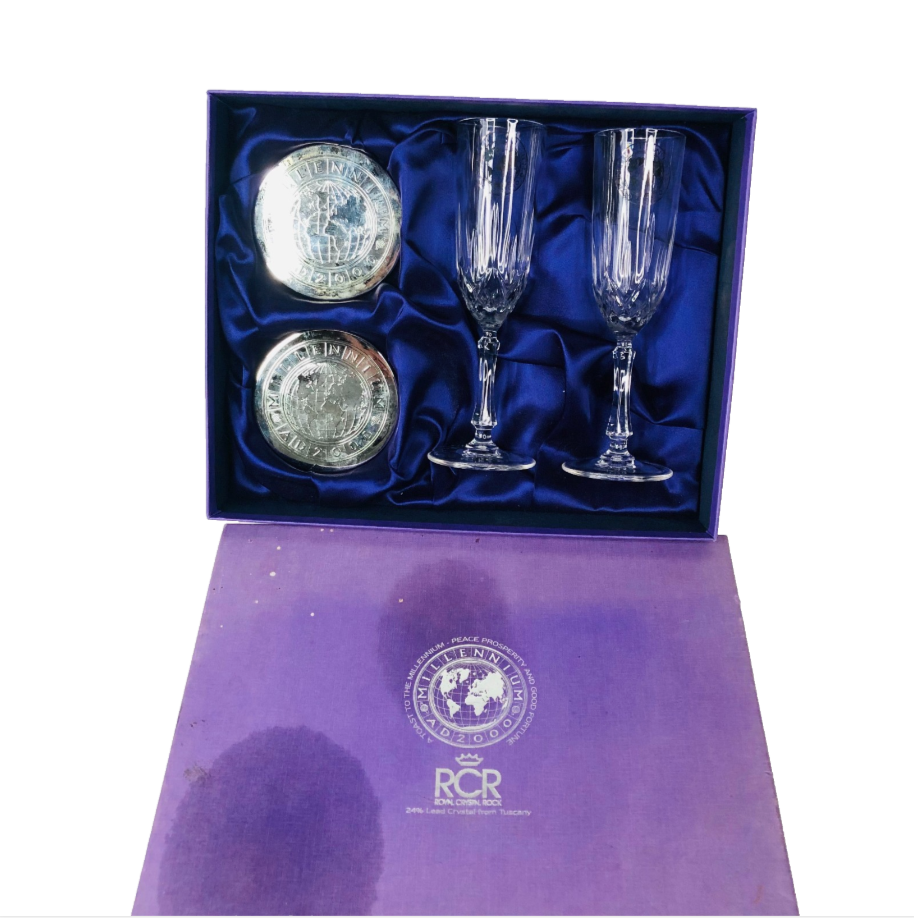 RCR Millennium Vintage 2 Champagne Lead Crystal Glasses Flutes & Silver Coasters