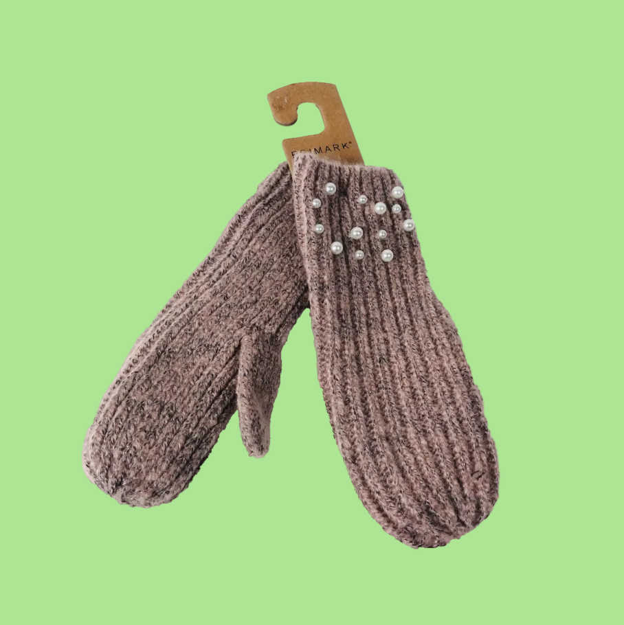 Primark Dusky Pink Mauve Marle Pearl Embelished Knit Mitten Gloves - One Size NEW