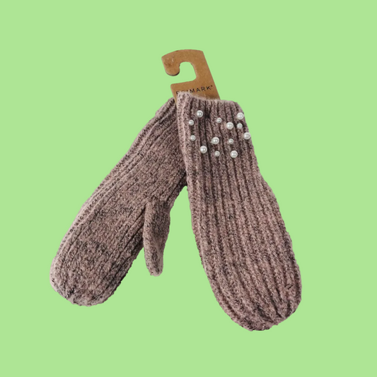 Primark Dusky Pink Mauve Marle Pearl Embelished Knit Mitten Gloves - One Size NEW