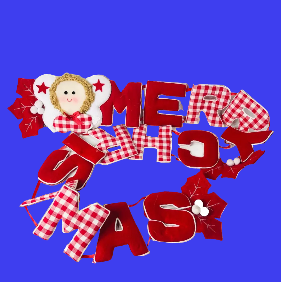 Vintage Style Merry Christmas Fabric Garland - Red Gingham, Angels Bunting