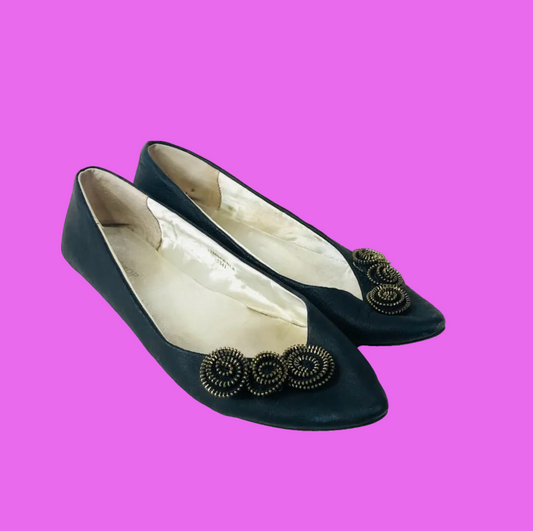 Topshop Black Leather Ballet Flats With Spiral Zipper Embellishment Size 5