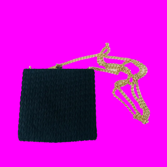 Vintage 80s/90s Black Fabric Square Hard Case Clutch Bag With Gold Chain Strap
