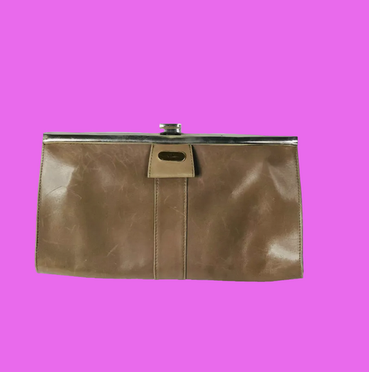 Vintage Taupe Leather Rectangle Clutch Bag Handbag Suede Lining