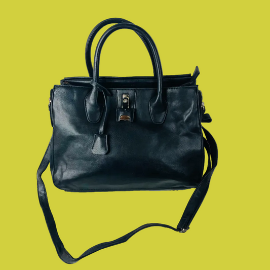 David Jones Black Faux Leather Satchel Handbag Tote Padlock Detail & Long Strap