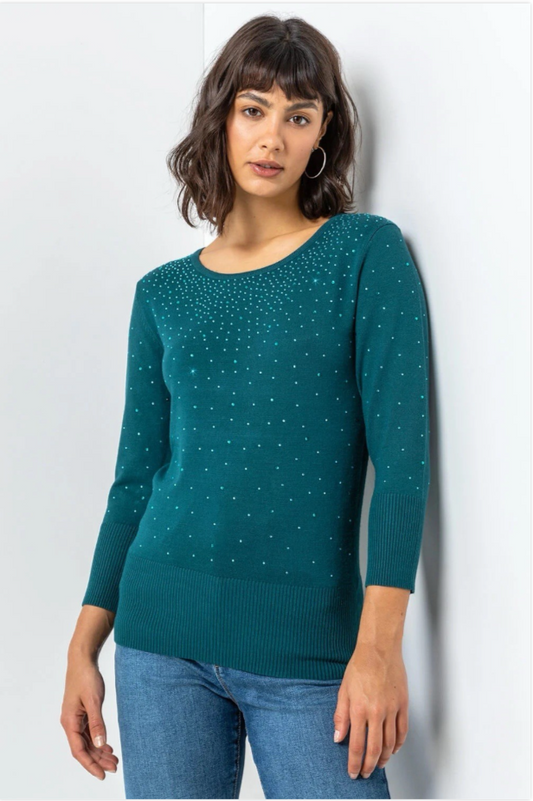 Roman Emerald Green Ladies Diamante Studded Jumper - Size 10 - Sparkle Knit